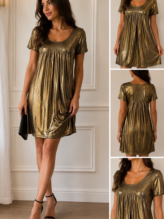ABS Allen Schwartz Dresses & Skirts - ABS Allen Schwartz Metallic Gold Short Sleeve Swing Dress